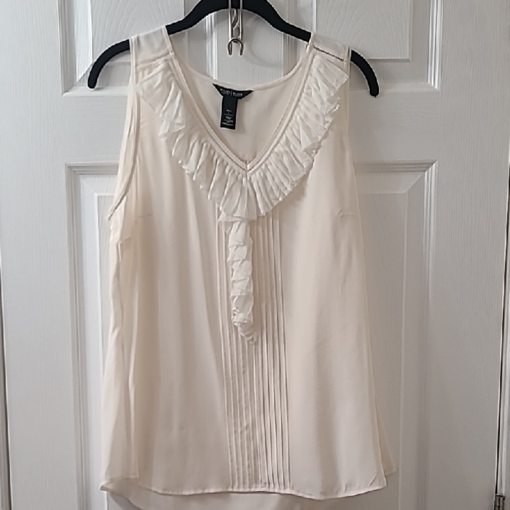 White House Black Market Cream Silk Sleeveless Ruffle Top